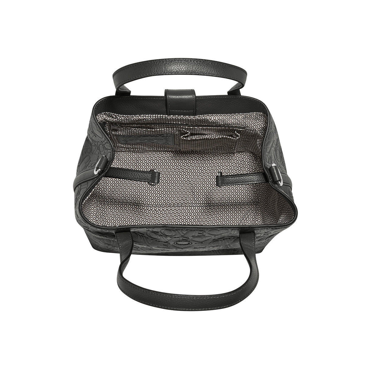 Brighton black handbag interior view showing patterned fabric lining, zip pocket, and leather handles on a white background