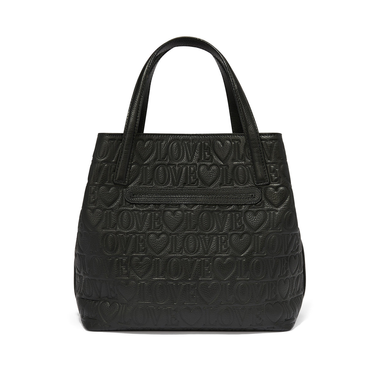 Brighton handbag shown from the back with black embossed Love wordmark and heart pattern on a white background