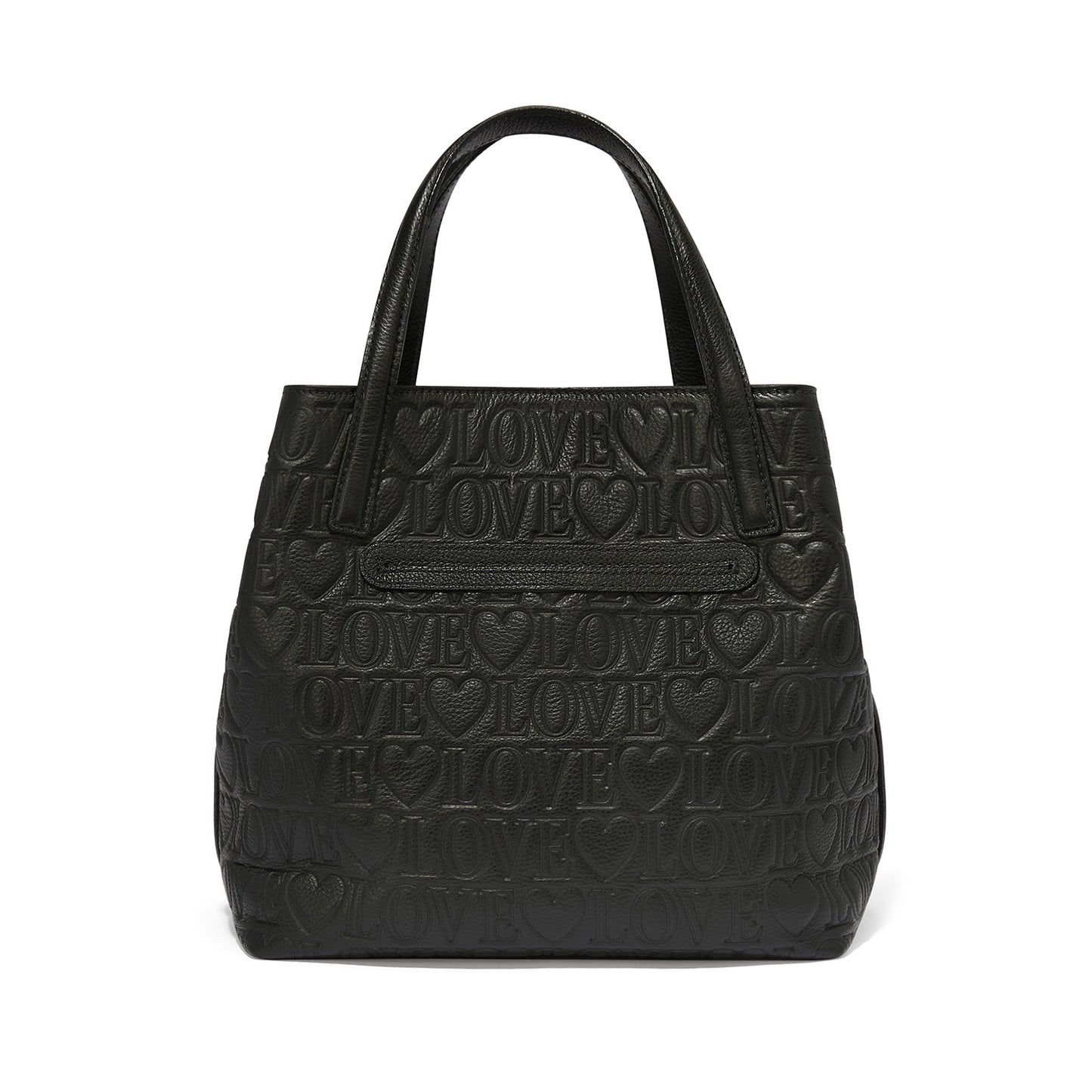 Brighton handbag shown from the back with black embossed Love wordmark and heart pattern on a white background