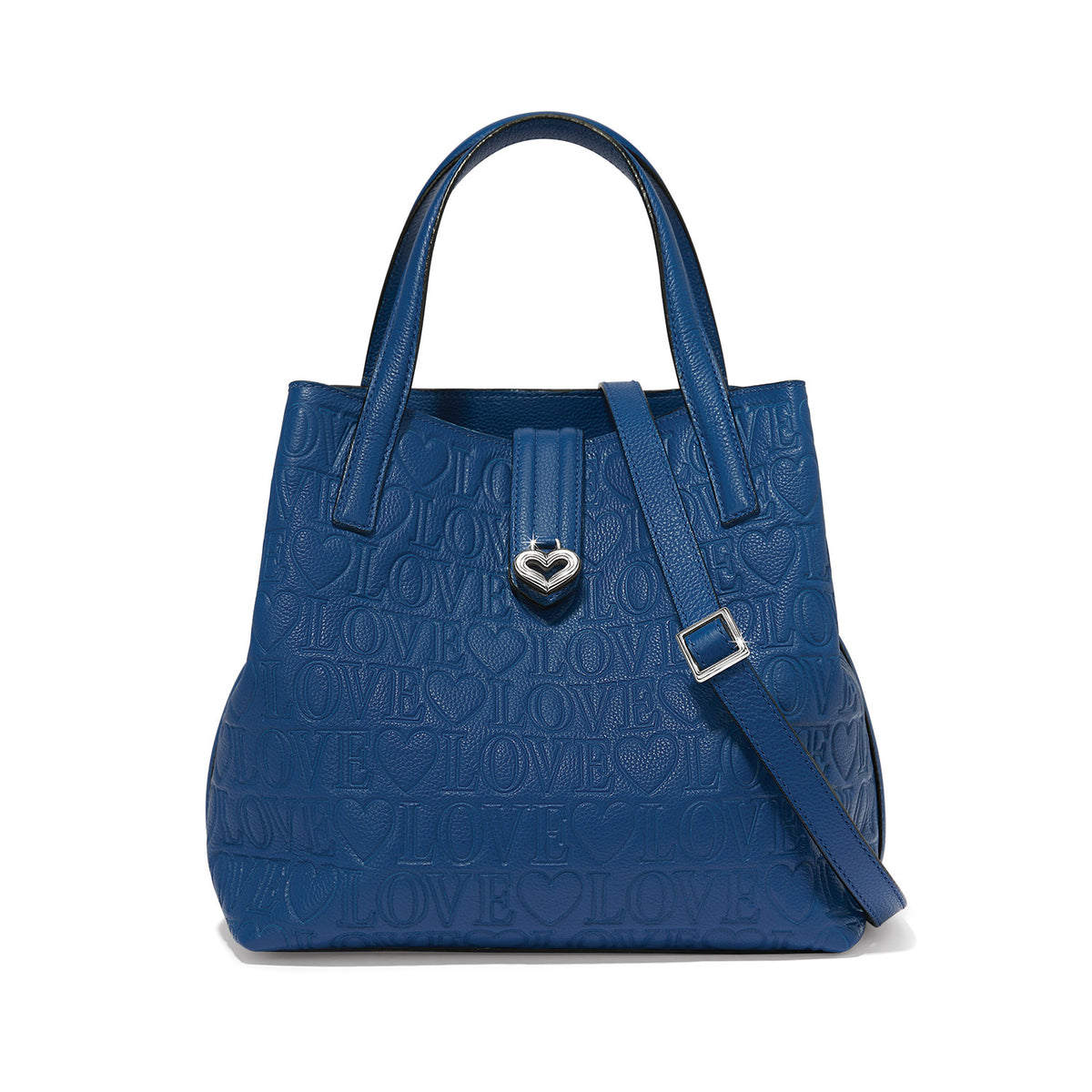 Brighton blue leather handbag with embossed Love and heart pattern, silver-tone heart clasp, and adjustable strap on a white background