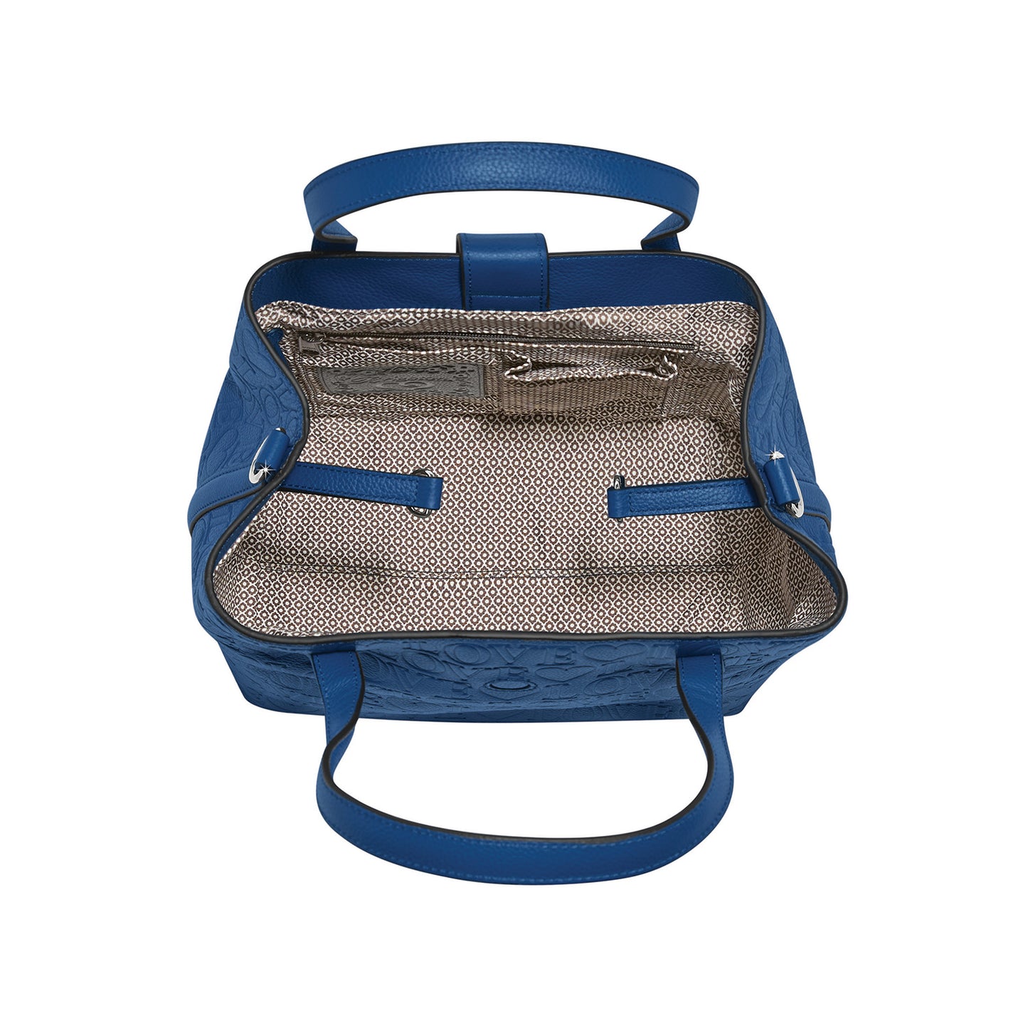 Brighton blue leather handbag interior view with patterned fabric lining and embossed exterior on a white background