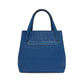 Brighton blue leather handbag shown from the back with embossed Love and heart pattern on a white background