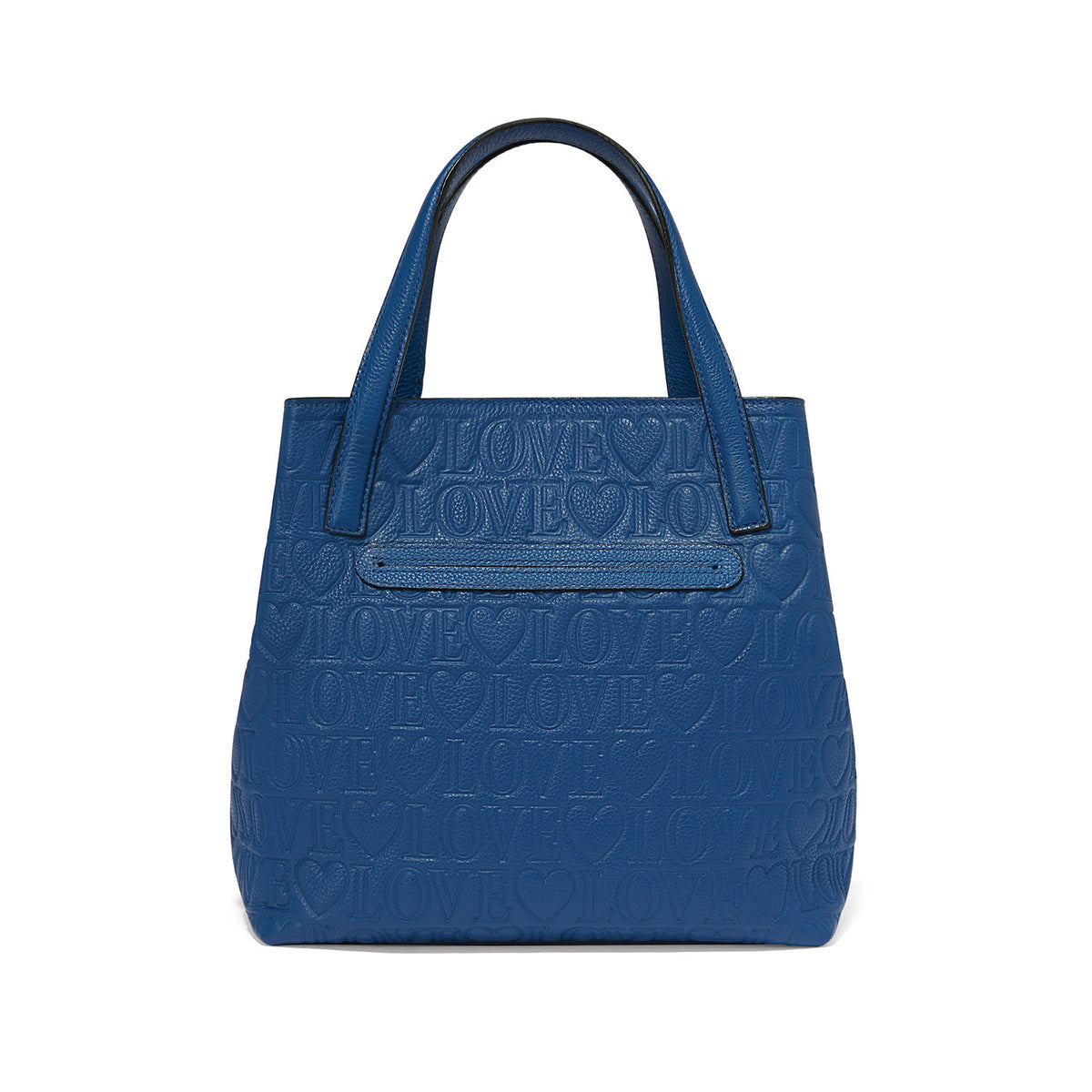 Brighton blue leather handbag shown from the back with embossed Love and heart pattern on a white background