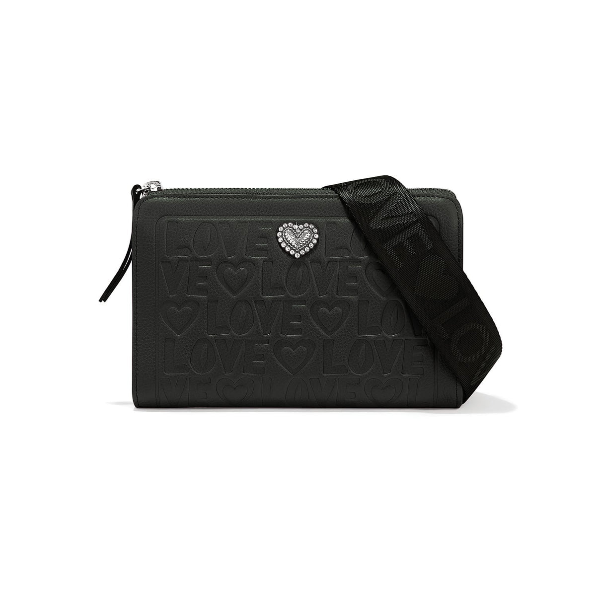Brighton crossbody handbag in dark green with embossed love lettering, crystal heart accent, and logo strap on a white background
