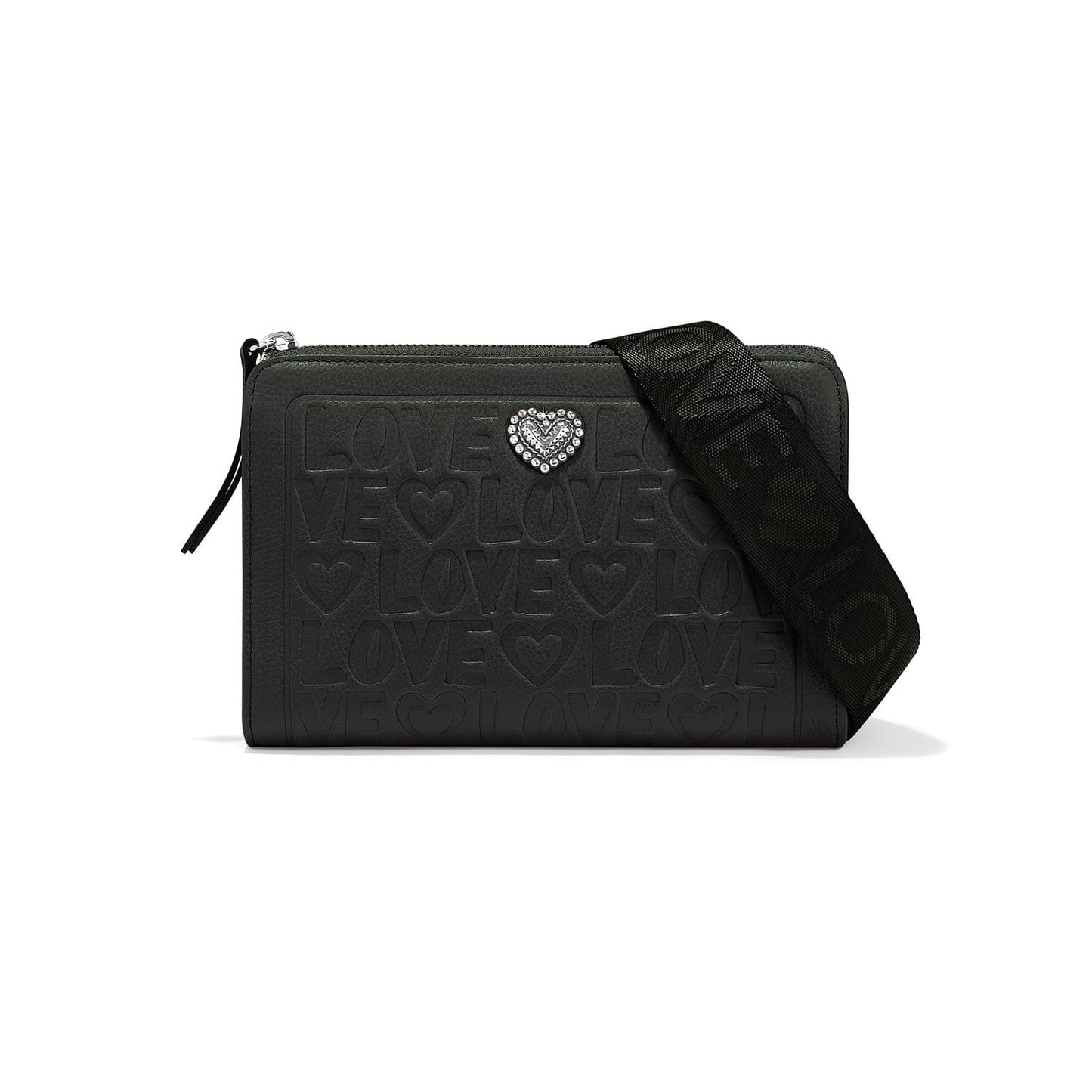Brighton crossbody handbag in dark green with embossed love lettering, crystal heart accent, and logo strap on a white background