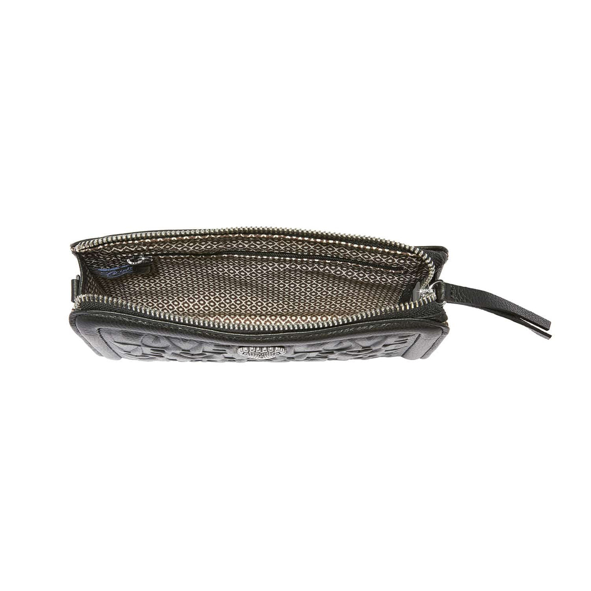 Brighton handbag shown open from above with patterned interior lining, zip closure, and leather pull tab on a white background