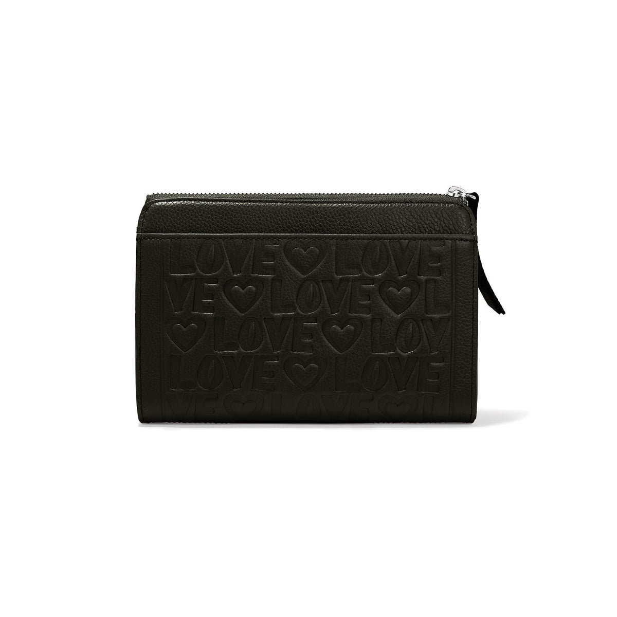 Brighton black leather wallet with embossed LOVE text and heart pattern, pebbled top zip closure on a white background