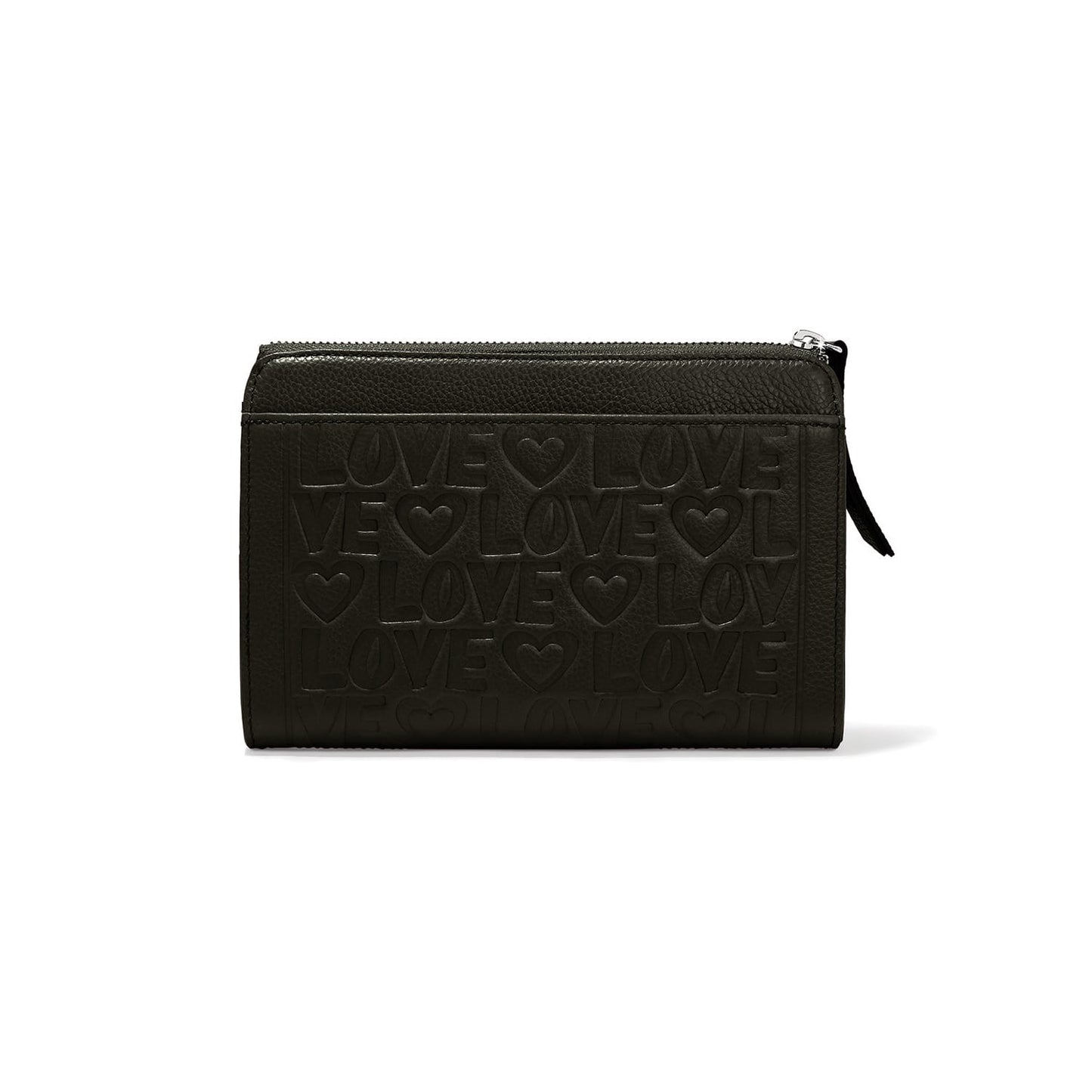 Brighton black leather wallet with embossed LOVE text and heart pattern, pebbled top zip closure on a white background