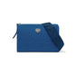 Brighton blue leather crossbody handbag with embossed Love print, silver heart accent, and woven strap on a white background