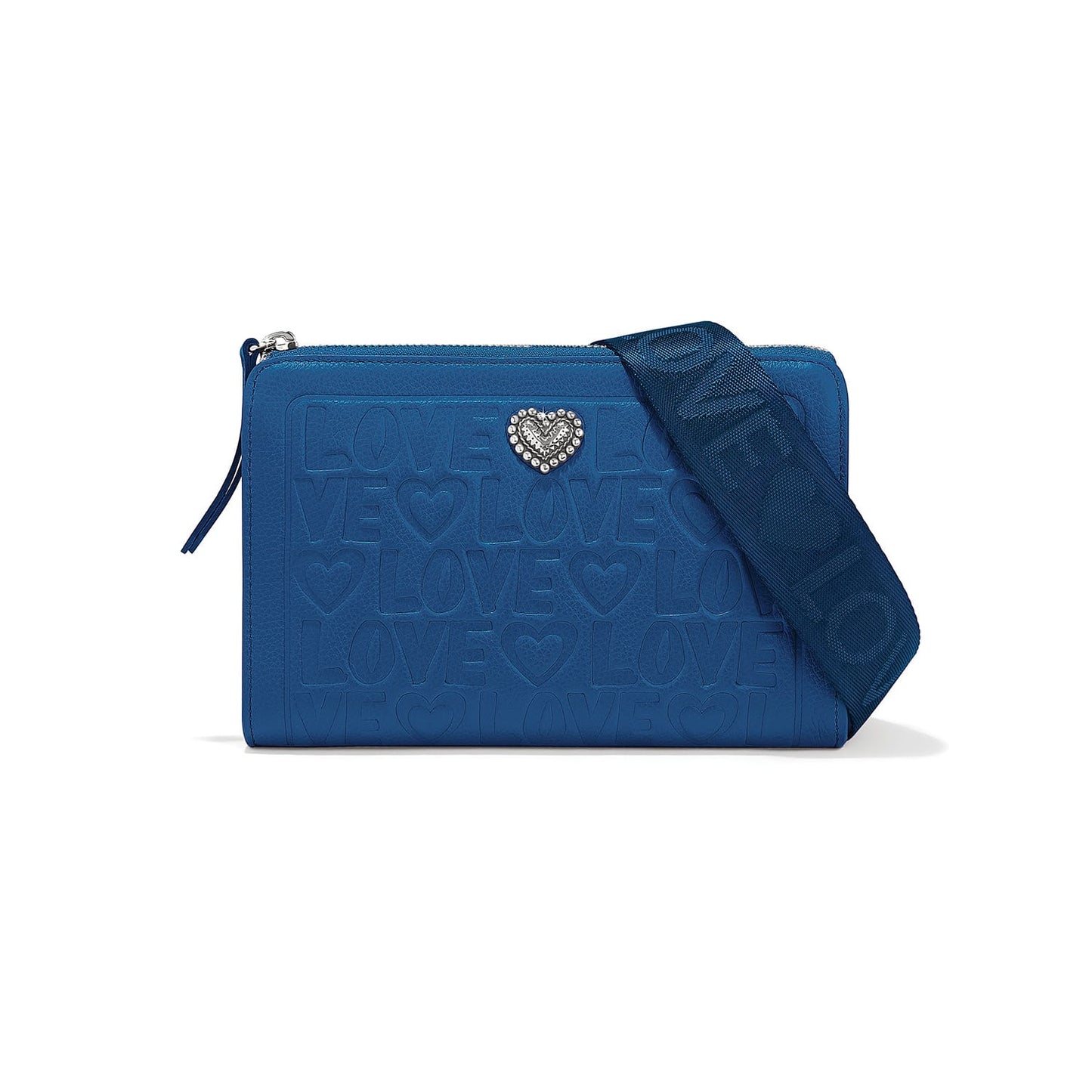 Brighton blue leather crossbody handbag with embossed Love print, silver heart accent, and woven strap on a white background