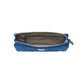 Brighton blue leather pouch shown open with patterned interior lining and silver-tone zipper on a white background
