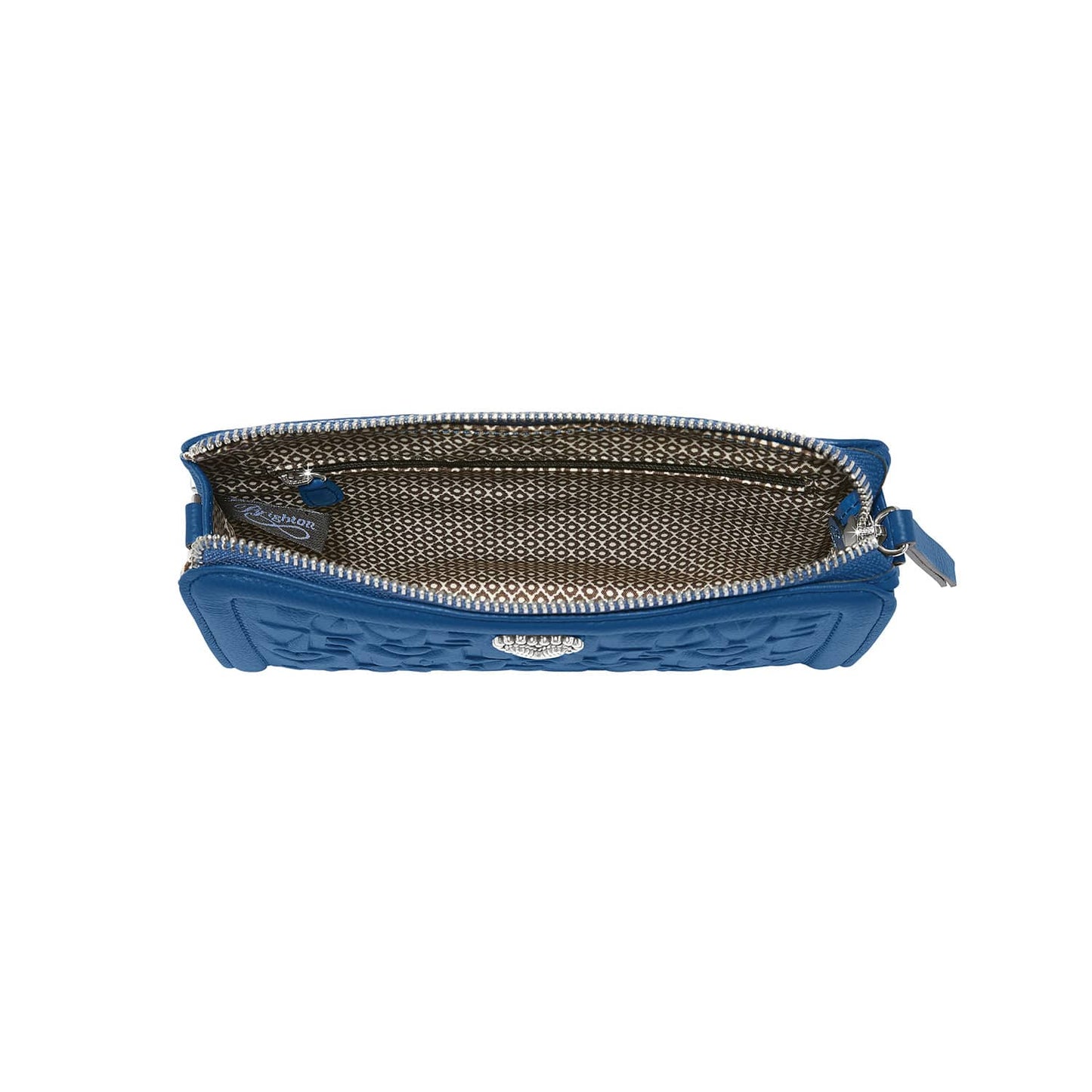 Brighton blue leather pouch shown open with patterned interior lining and silver-tone zipper on a white background