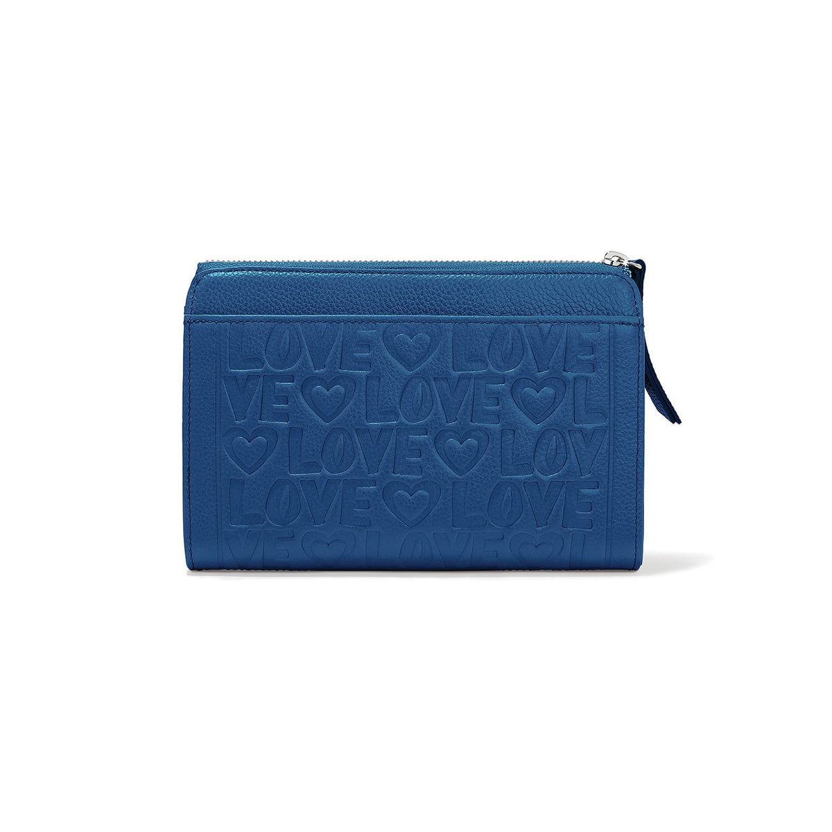 Brighton blue leather wallet shown from the back with embossed LOVE text and heart pattern on a white background