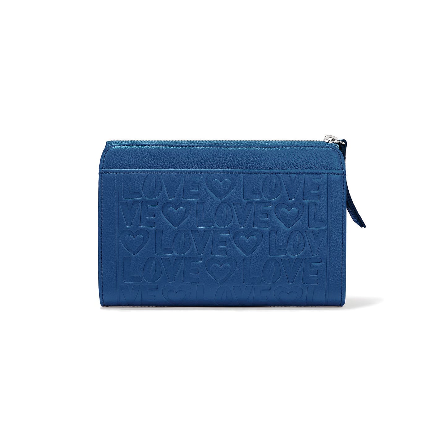 Brighton blue leather wallet shown from the back with embossed LOVE text and heart pattern on a white background
