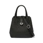 Brighton black leather handbag with embossed Love and heart pattern, silver-tone heart charm, and crossbody strap on a white background