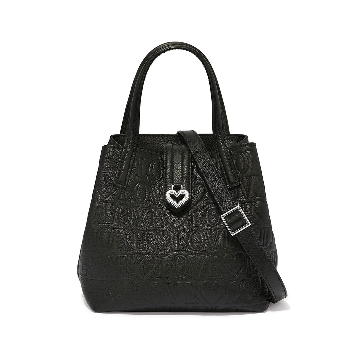 Brighton black leather handbag with embossed Love and heart pattern, silver-tone heart charm, and crossbody strap on a white background