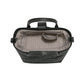 Brighton black handbag shown open with patterned fabric interior lining and embossed love print exterior on a white background