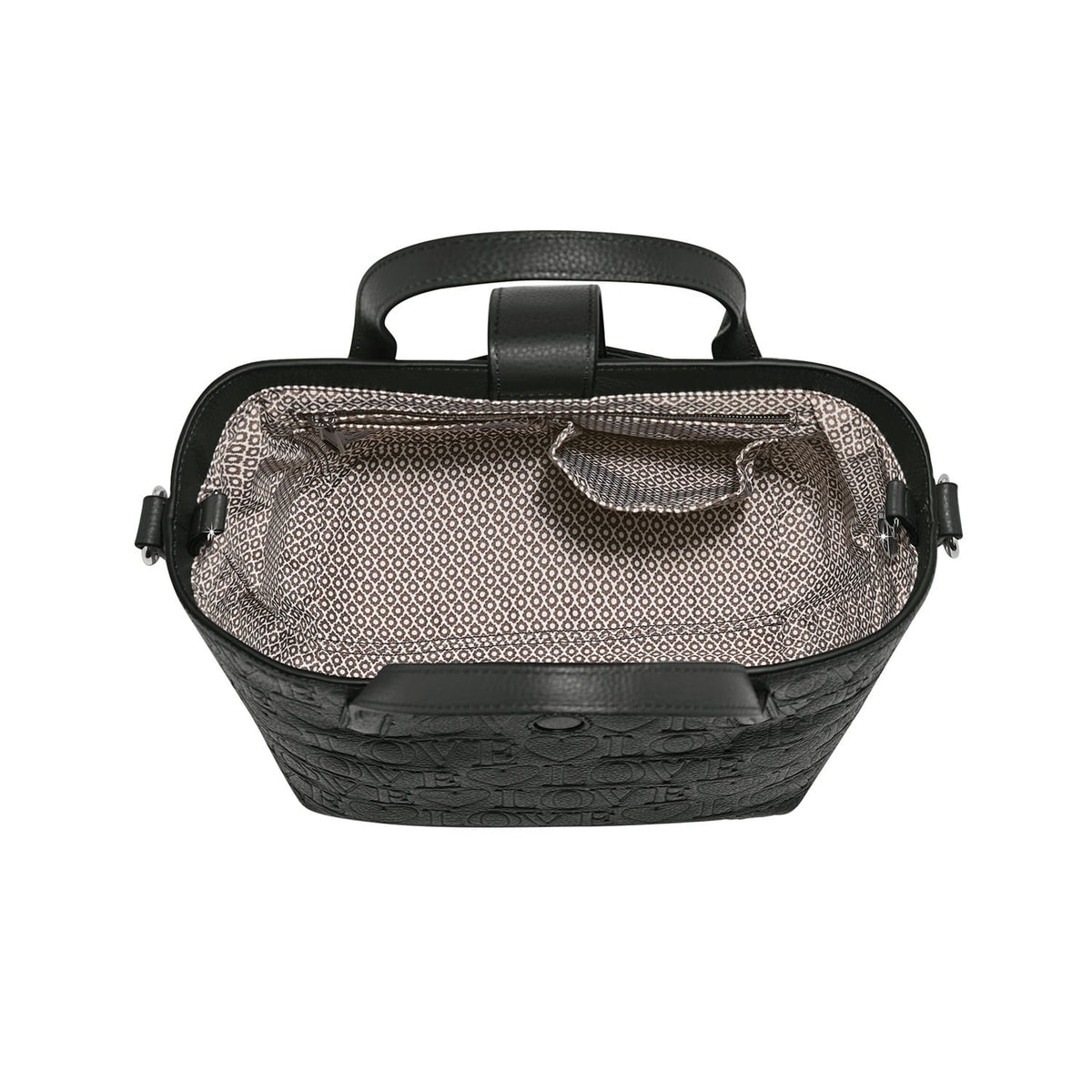 Brighton black handbag shown open with patterned fabric interior lining and embossed love print exterior on a white background