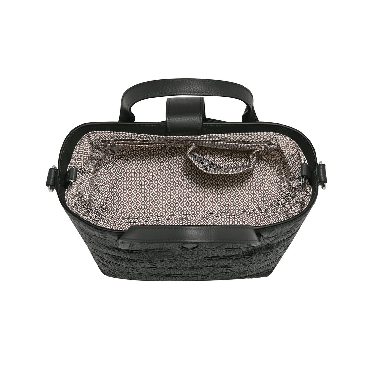Brighton black handbag shown open with patterned fabric interior lining and embossed love print exterior on a white background