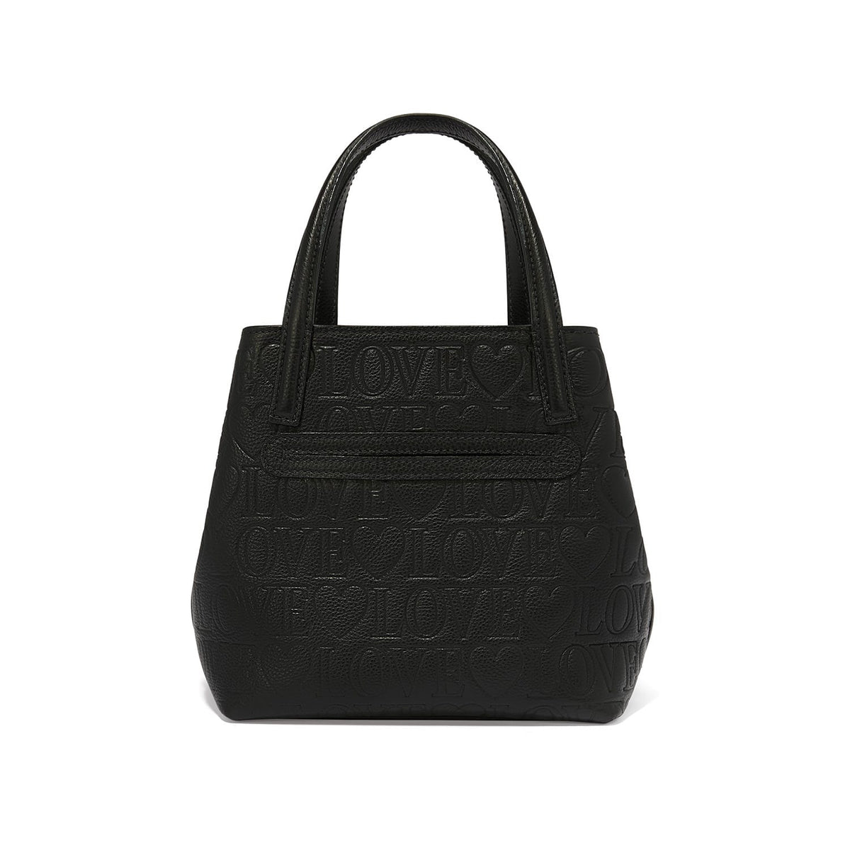 Brighton handbag shown from the back with black embossed Love lettering and heart motifs on a white background