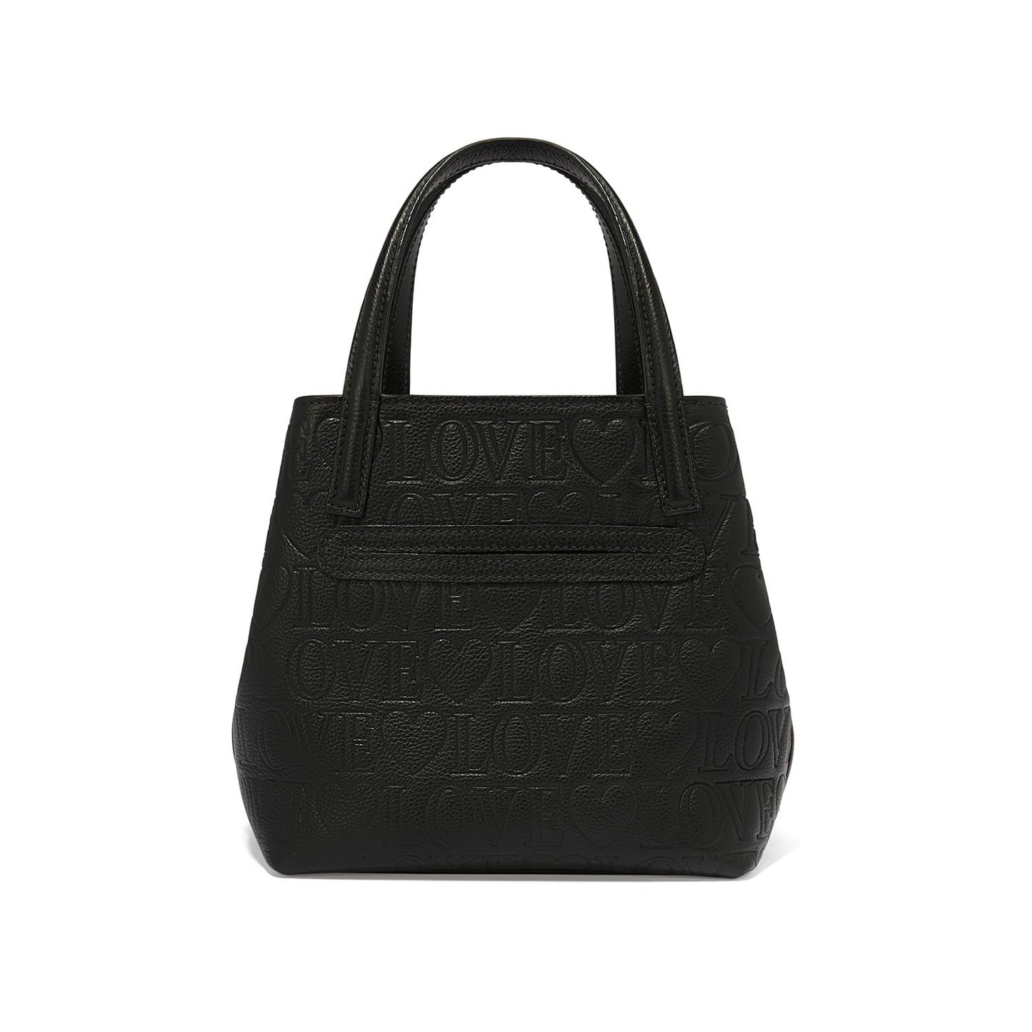 Brighton handbag shown from the back with black embossed Love lettering and heart motifs on a white background