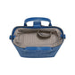 Brighton blue leather handbag shown open with patterned fabric interior lining and embossed love print on a white background