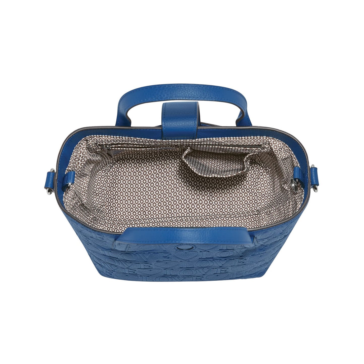 Brighton blue leather handbag shown open with patterned fabric interior lining and embossed love print on a white background