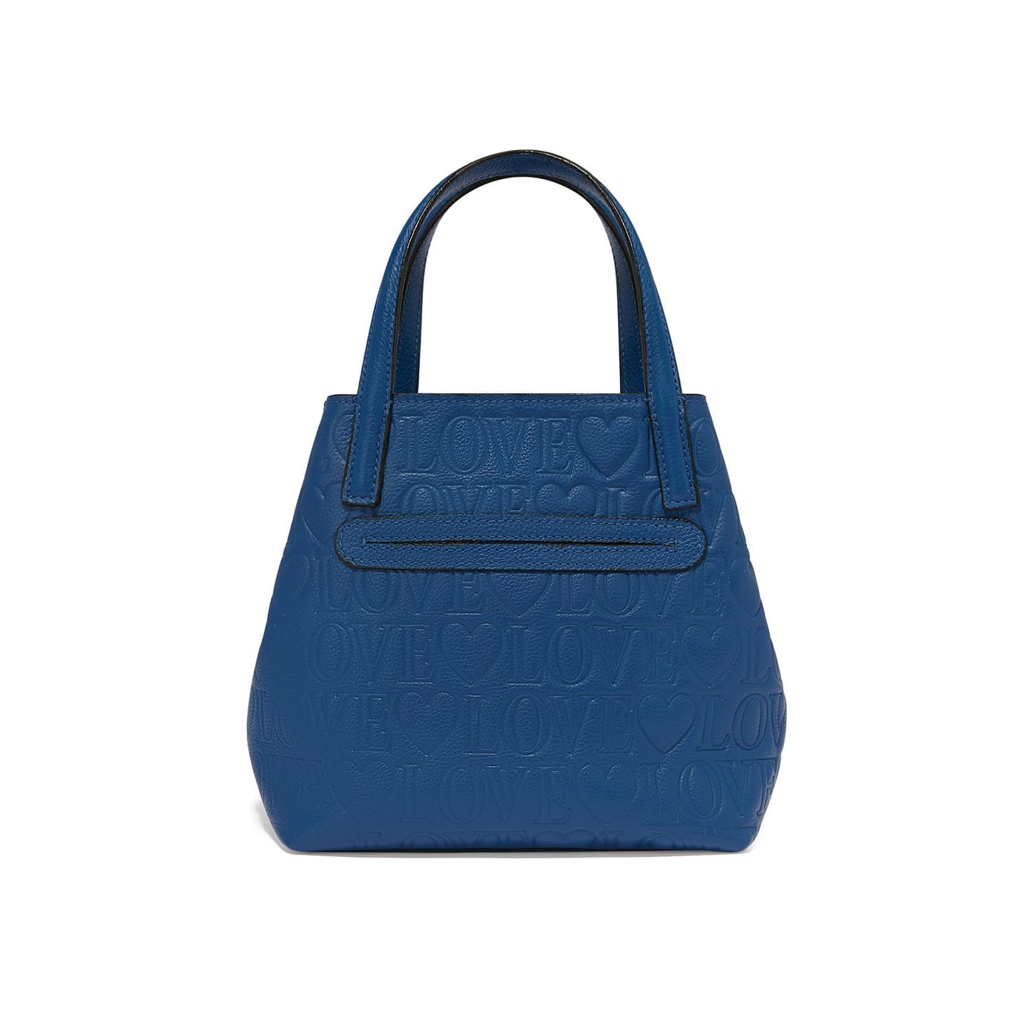 Brighton handbag shown from the back with blue embossed Love and heart pattern and dual top handles on a white background