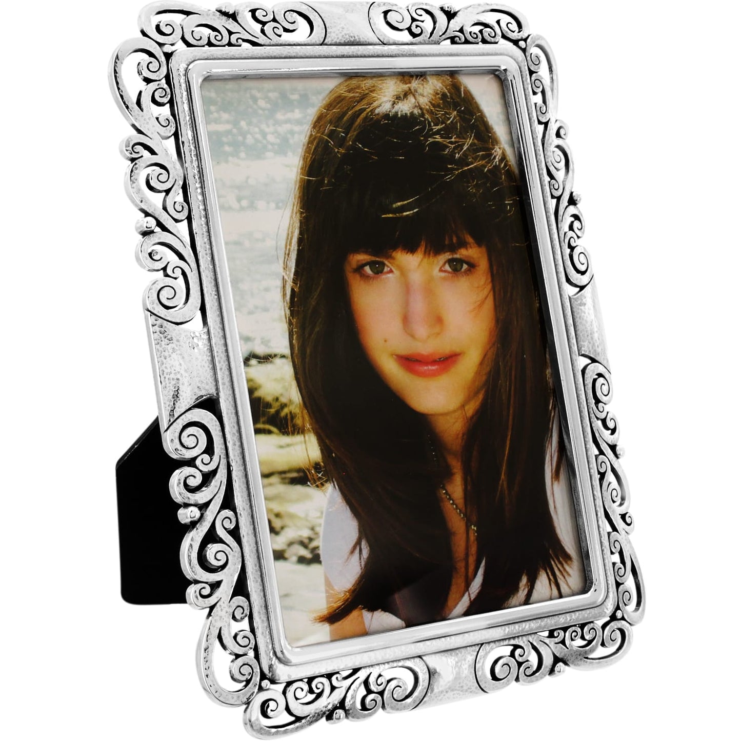 Brighton picture frame with silver-plated ornate scrollwork border displaying a portrait photograph on a white background