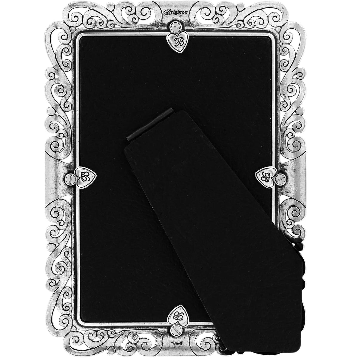 Brighton picture frame shown from the back with silver-plated scroll border and black easel stand on a white background
