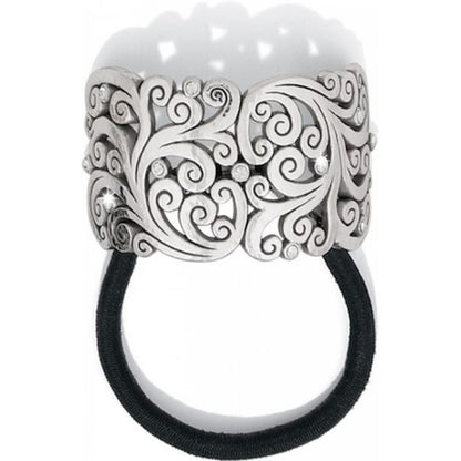 Brighton hair tie with hammered silver-tone scroll filigree ornament and crystal accents on a white background