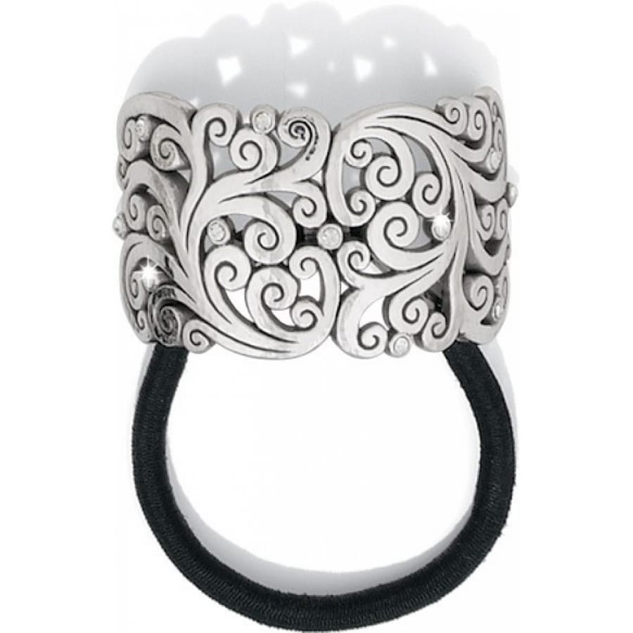 Brighton hair tie with hammered silver-tone scroll filigree ornament and crystal accents on a white background
