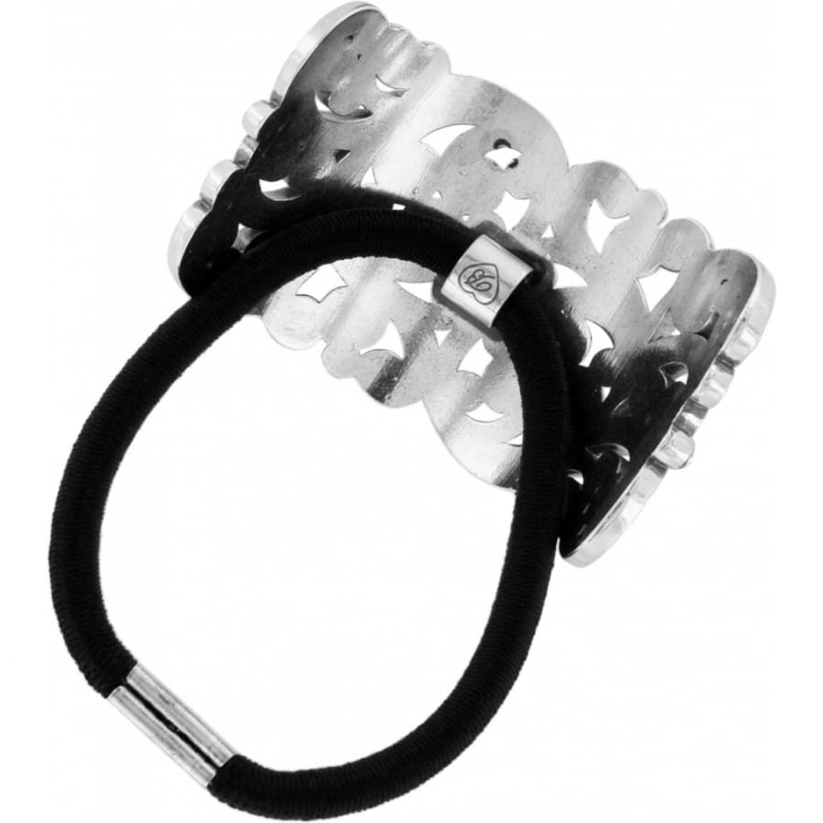 Brighton hair elastic with hammered silver-tone scalloped metal ornament and black stretch band on a white background