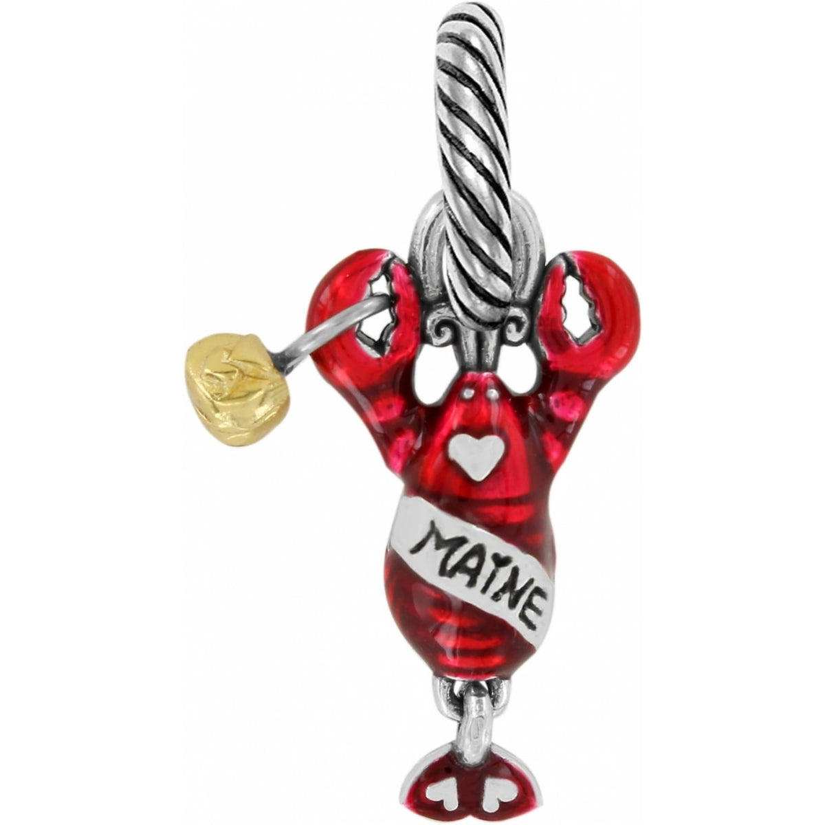 Brighton lobster charm with red enamel finish, gold-tone claw accent, and Maine banner detail on a white background