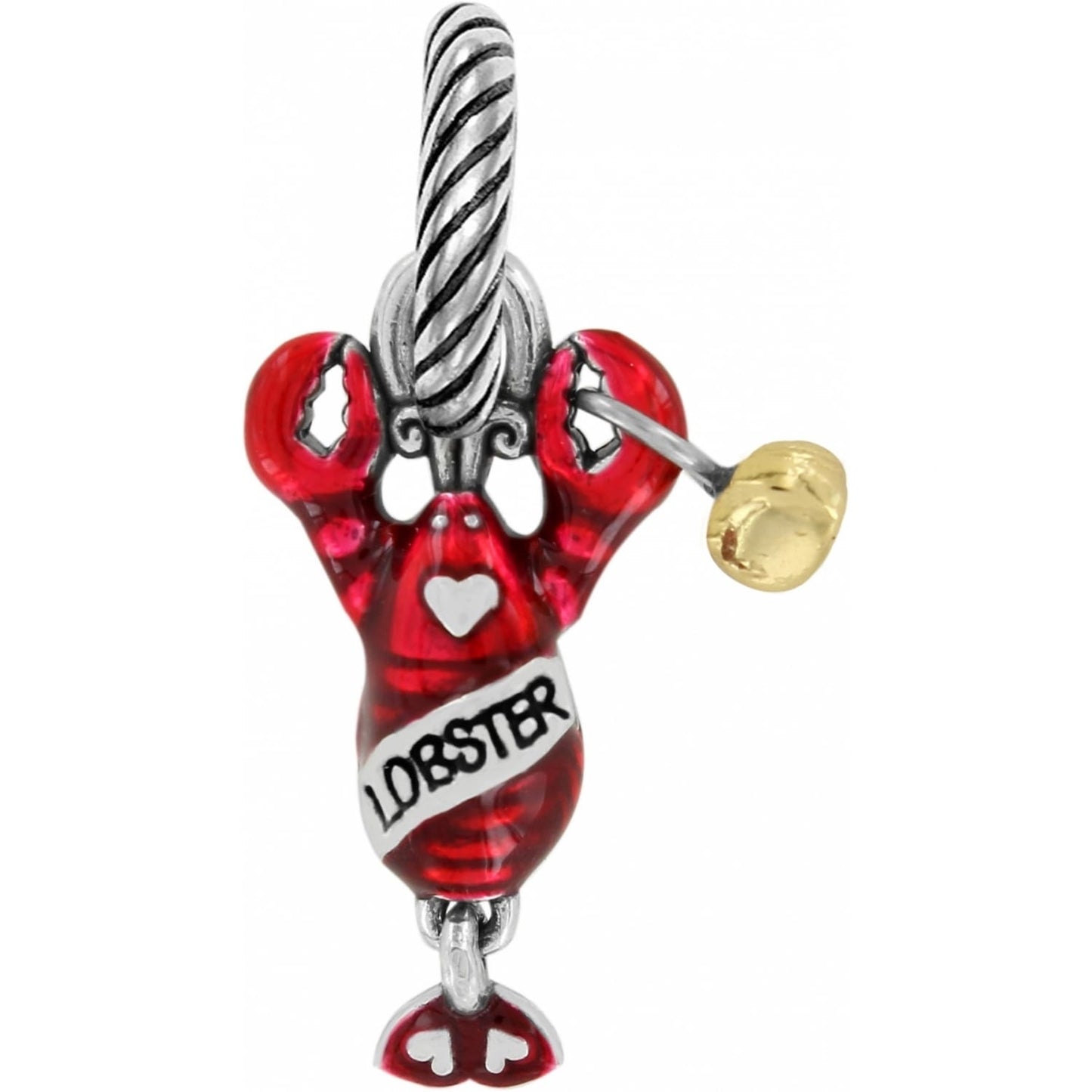 Brighton lobster charm with red enamel finish, holding a gold-tone mallet and Lobster banner on a white background
