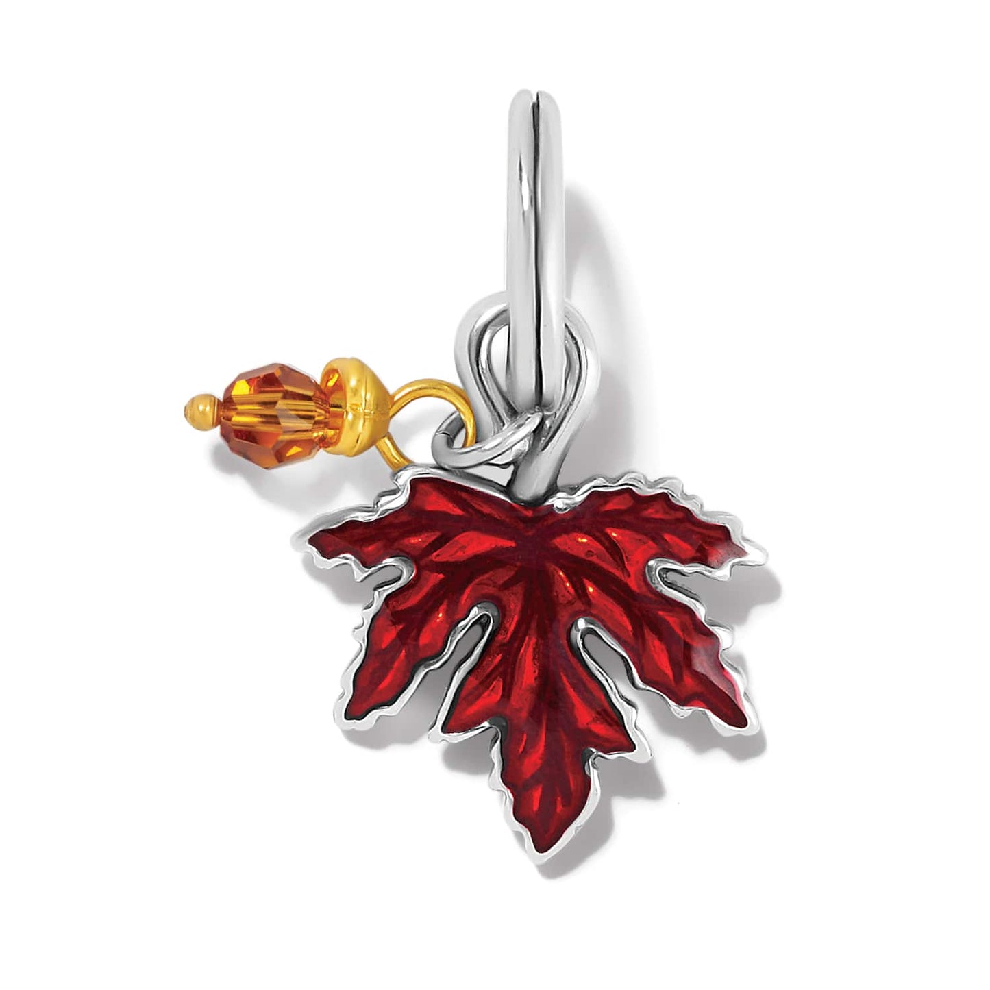 Brighton maple leaf charm with red enamel, silver-plated finish, and amber crystal acorn accent on a white background