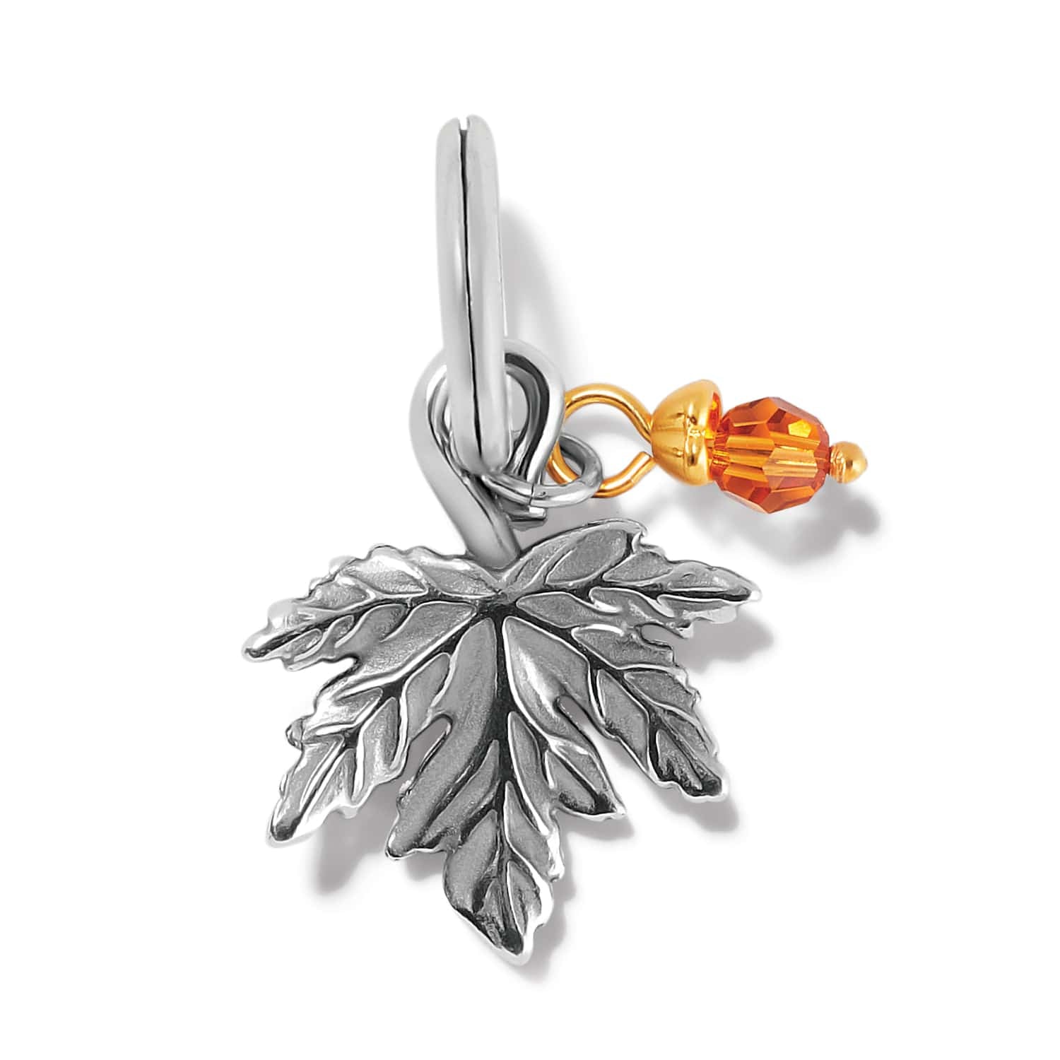 Brighton maple leaf charm in silver-plated finish with orange crystal bead and gold-tone accent on a white background