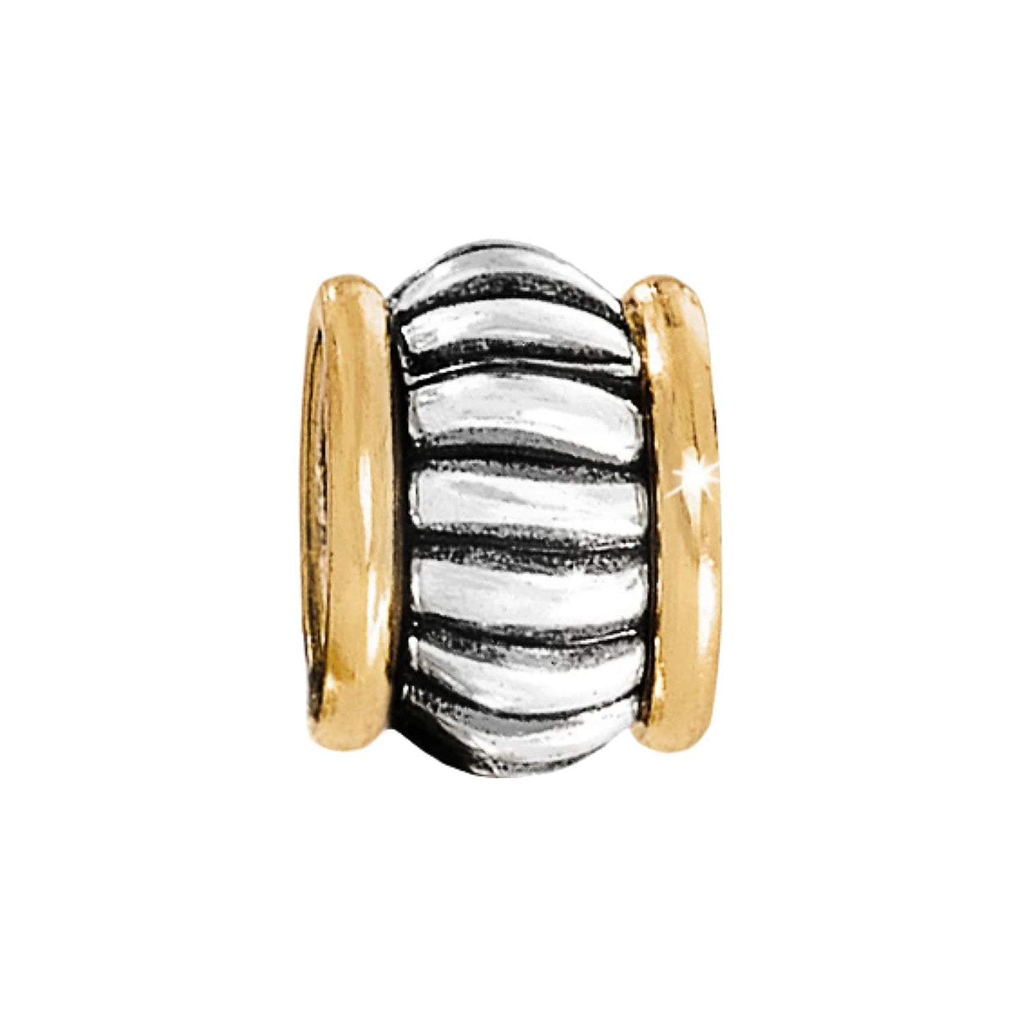 Brighton charm bead with silver-tone ribbed center and two-tone gold-tone end caps on a white background
