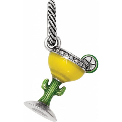 Brighton margarita cocktail charm with yellow glass, green cactus stem, lime slice, and silver-plated accents on a white background