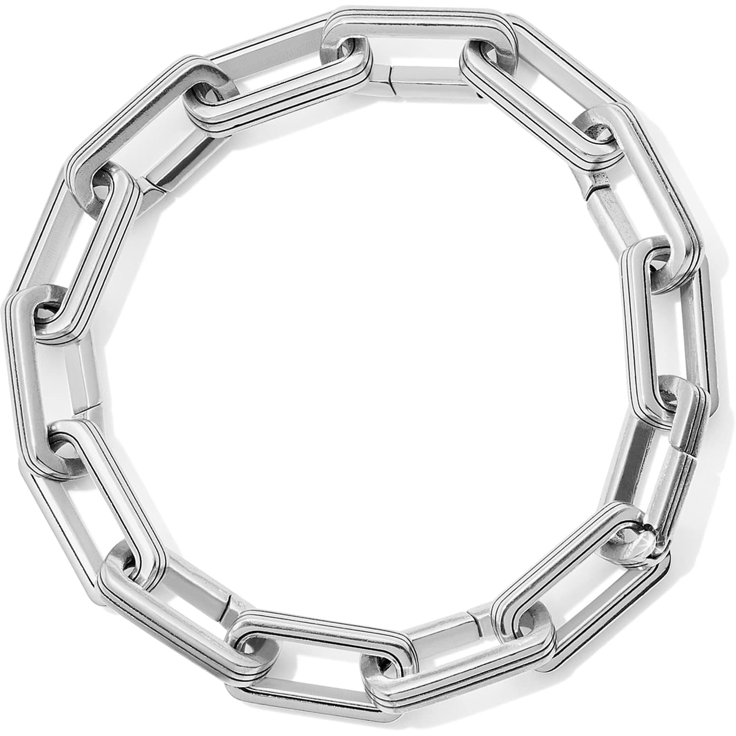 Brighton bracelet with silver-plated elongated rectangular chain links arranged in a circle on a white background