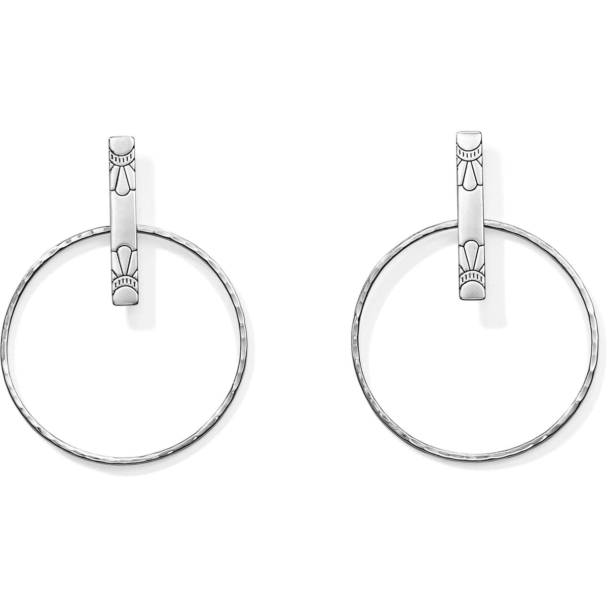 Brighton hoop drop earrings with silver-plated engraved bar posts and hammered circular hoops on a white background
