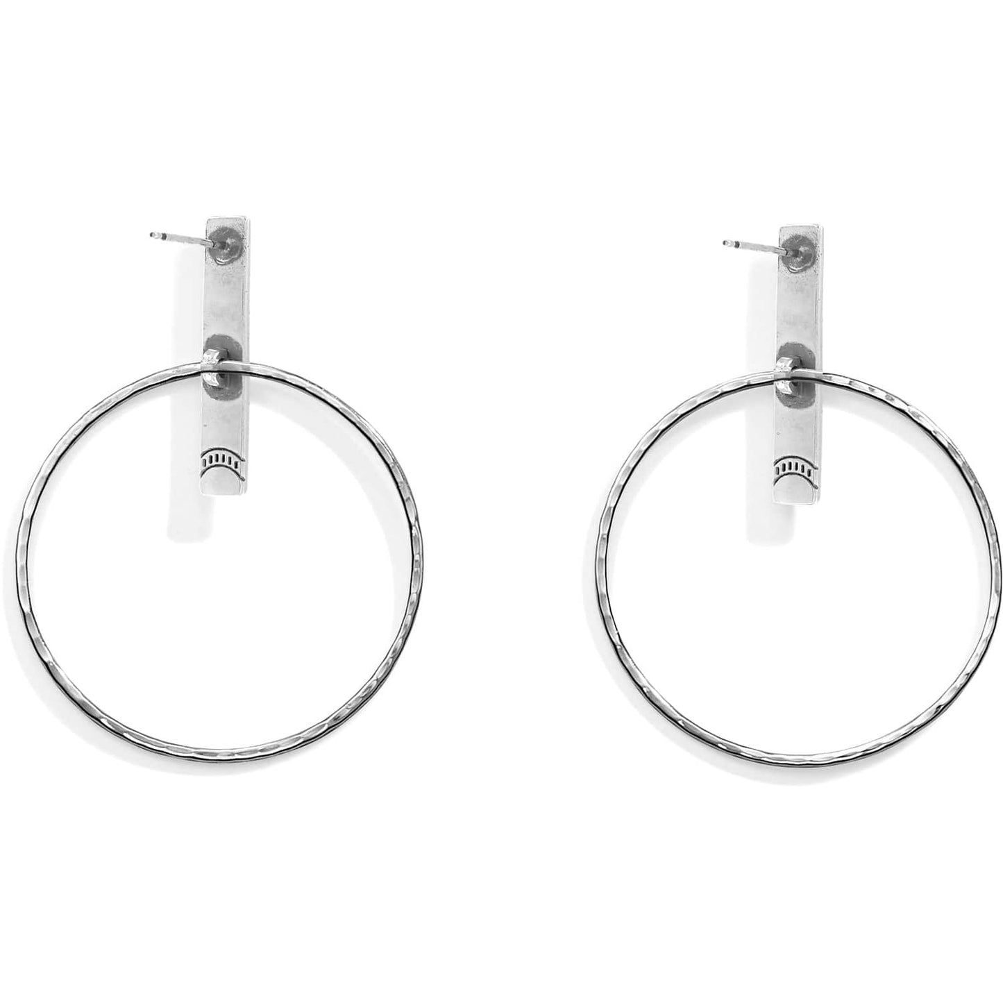 Brighton hoop earrings shown from the back with silver-plated hammered circles and vertical bar posts on a white background