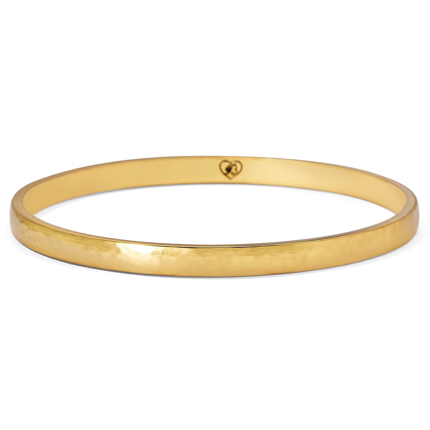Brighton bangle bracelet in brushed gold finish with hammered texture and small engraved heart detail on a white background