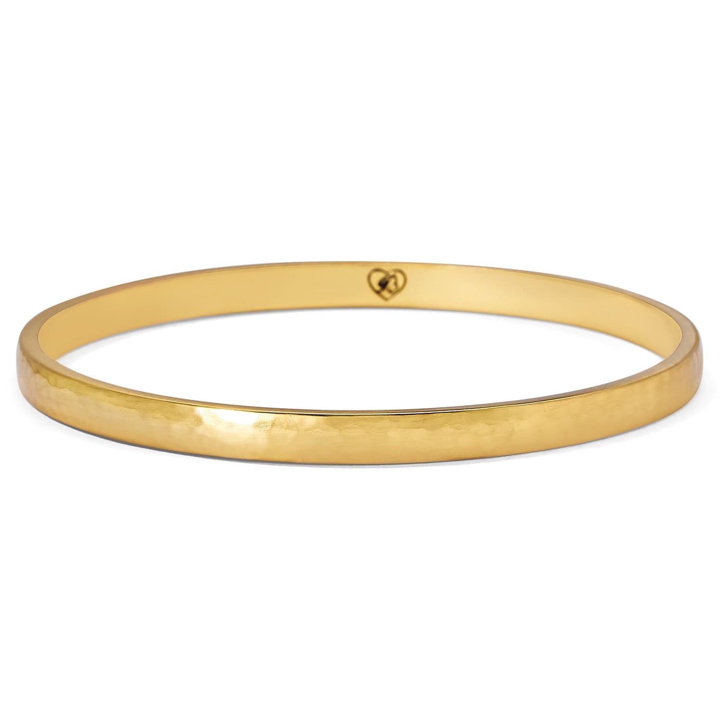 Brighton bangle bracelet in brushed gold finish with hammered texture and small engraved heart detail on a white background
