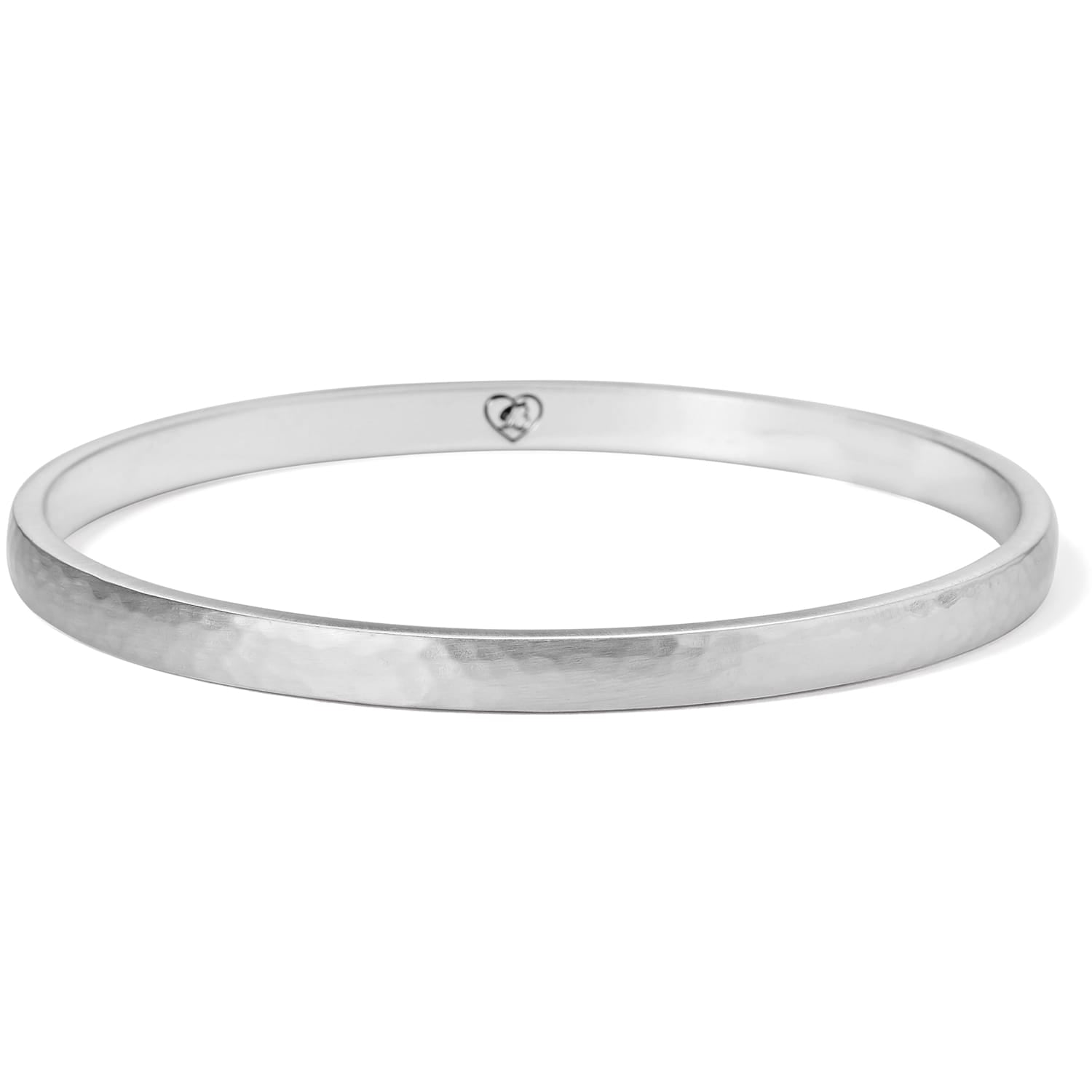 Brighton bangle bracelet in brushed silver finish with hammered texture and small interior heart stamp on a white background