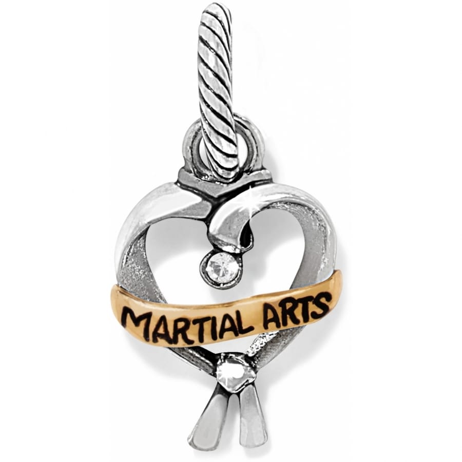 Brighton heart charm with two-tone martial arts banner, crystal accents, and silver-tone rope loop on a white background