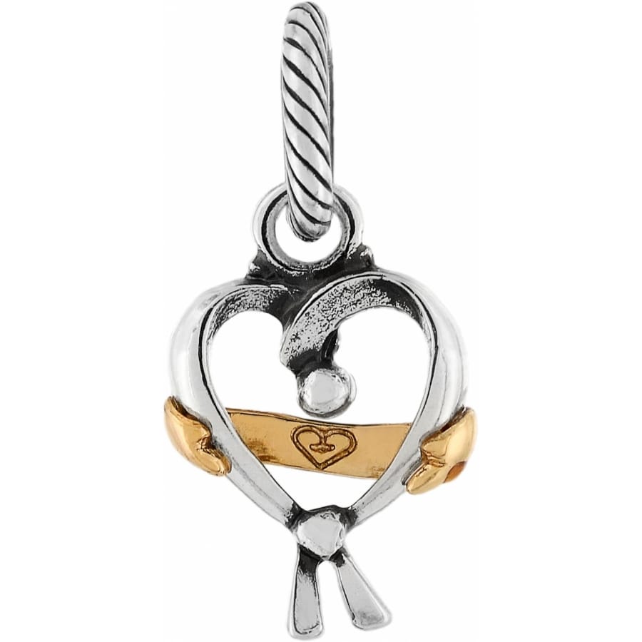 Brighton heart charm with two-tone silver and gold finish, rope bail, and ribbon detail on a white background