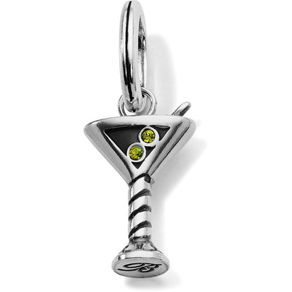 Brighton martini glass charm with silver-plated finish, black enamel, and green crystal olives on a white background