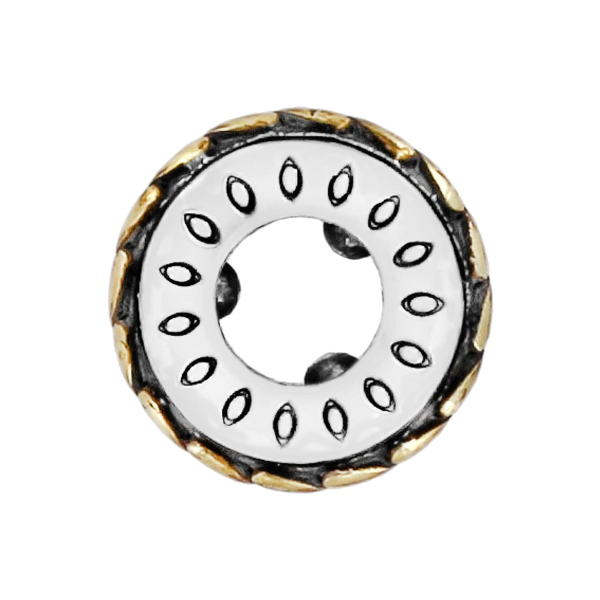 Brighton charm with silver-tone center, engraved oval detailing, and gold-tone braided outer ring on a white background