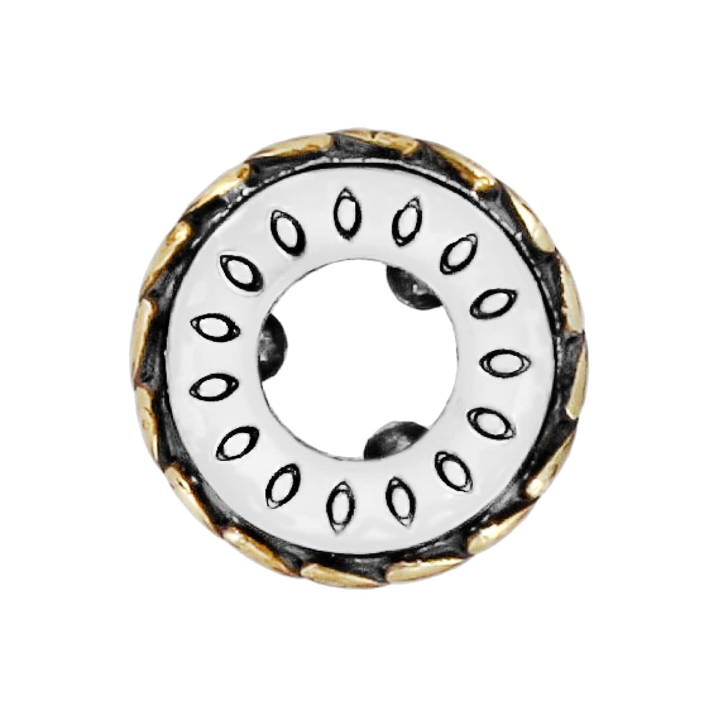 Brighton charm with silver-tone center, engraved oval detailing, and gold-tone braided outer ring on a white background
